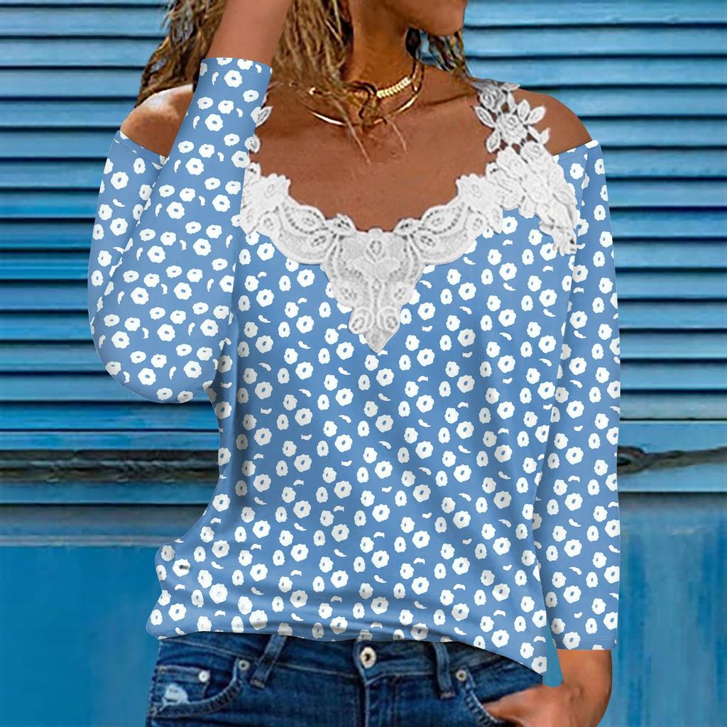 Модный кружевной пуловер с V-образным вырезом, длинный рукав, полосатый принт, однотонная повседневная футболка