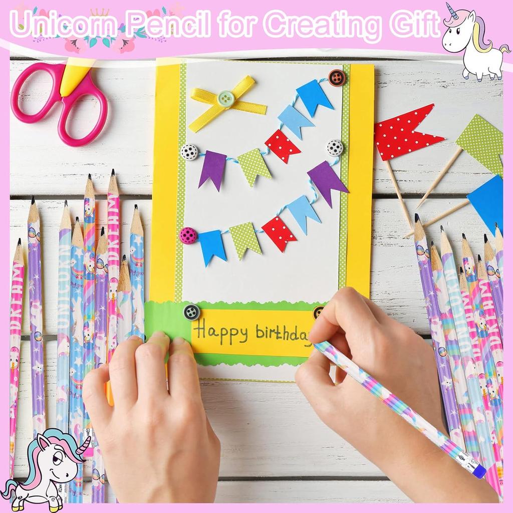 Rainbow HB Unicorns Pencils - Erasable Graphite Pencils with Erasers for Kids, Unicorn Party Favors (36 Pack)