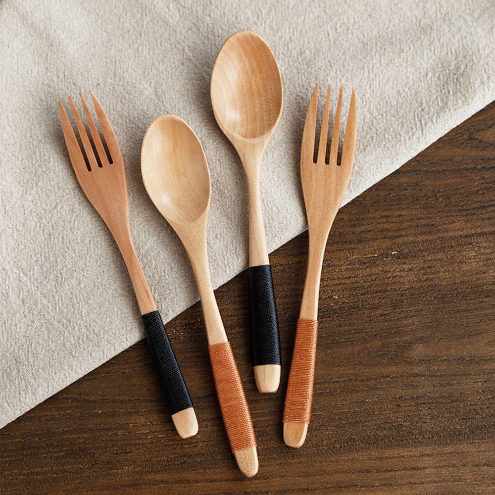 2PCS Natural Cereal Rice Utensil Soups Tableware Spoon Fork Dinnerware Sets