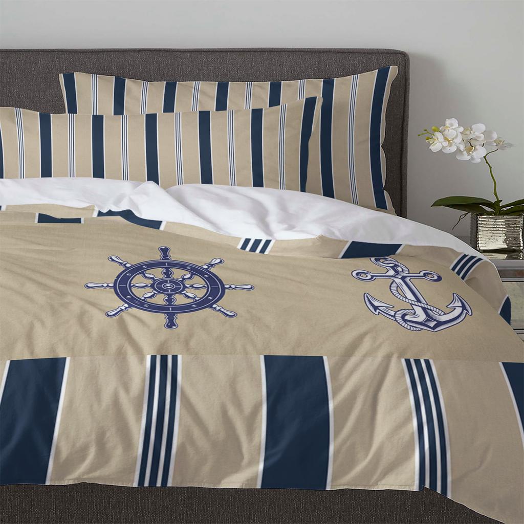 Striped Ship Rudder Anchor 3pcs Bedding Set For Double Bed Home Textile Duvet Cover Quilt Cover Pillowcase