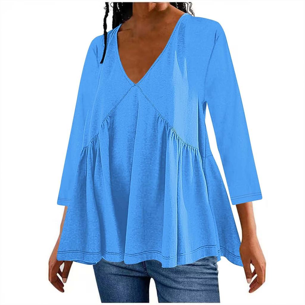 Women's Fashion Casual Solid Colour V-Neck Seven Sleeve Dress T-Shirt Top