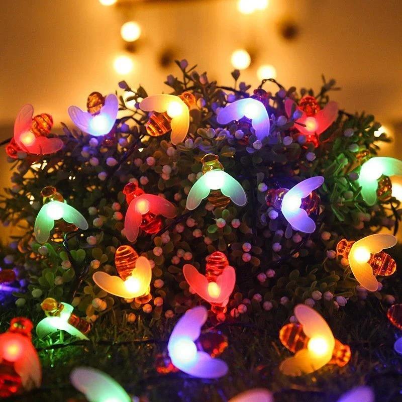 20/50/100 LED Солнечные Милые Пчелки Сказочные Гирлянды Садовые Сказочные Огни 8 Режимов Наружное Освещение для Пасхи Рождества Свадебного Декора