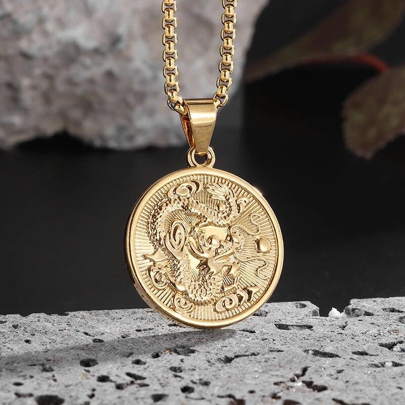 Retro Ethnic Chinese Zodiac Dragon Pendant Gold Color Necklace Men and Women Punk Style Jewelry Gift