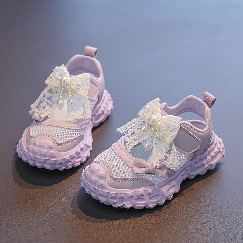 Girls' Summer Sports Sandals with Pearls, Lace, Bow, and Hollow Mesh Design