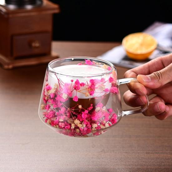 200ML Clear Glass Mug Double Wall Insulated Cup with Handle Aesthetic Dehydrated Flower Design Heat Preserving Tumbler for Coffee Tea