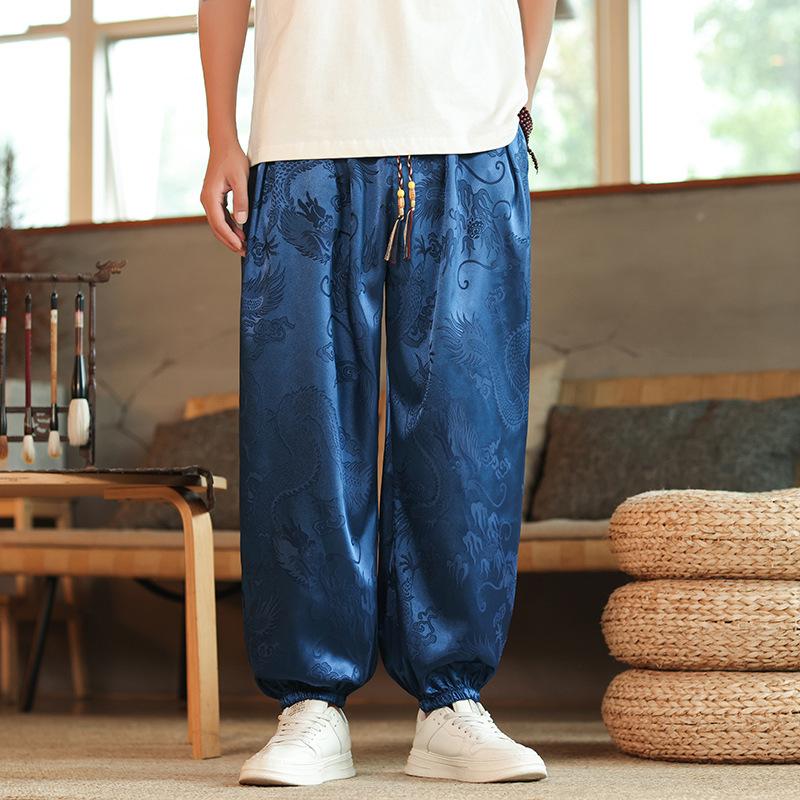 Outdoor Pants Men Lce Silk Dragon Dark Flower Loose Bloomers Wide Leg Casual Trousers Male