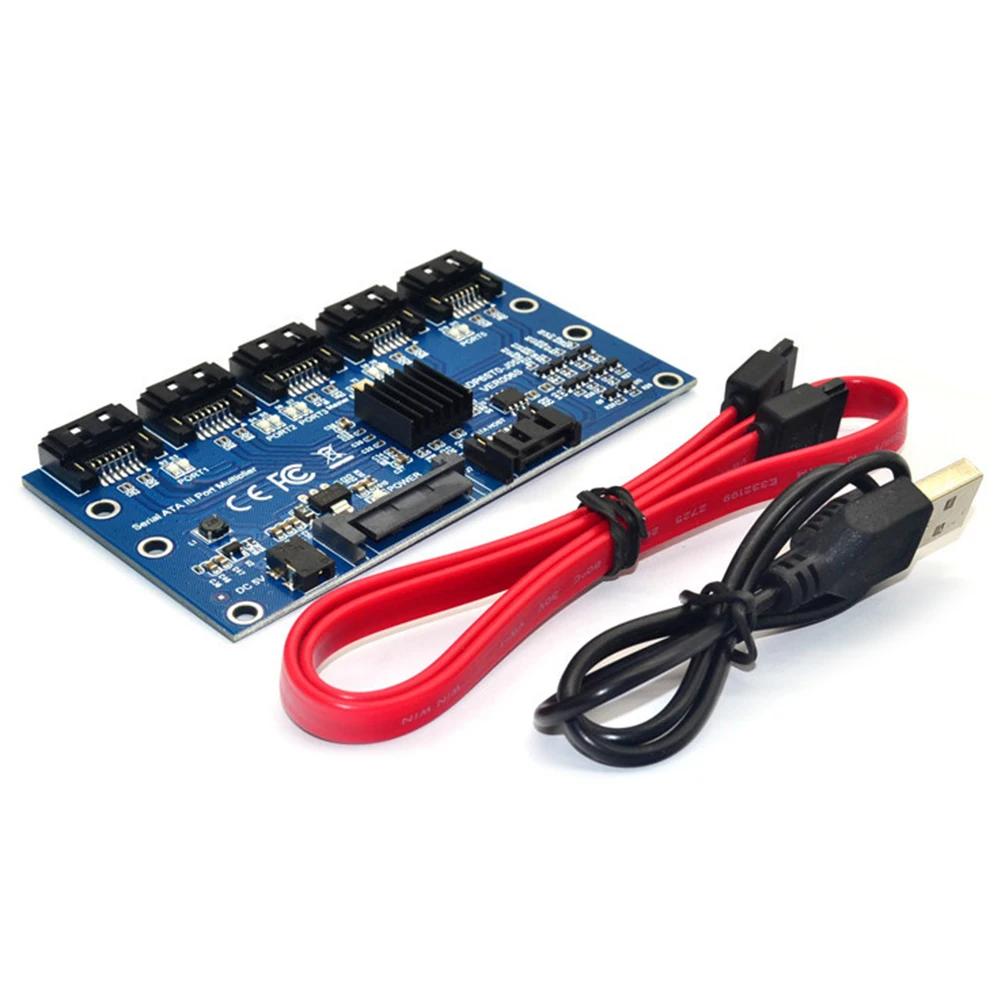 1 to 5 Port SATA Adapter Card SATA 3.0 6Gbps PM Expansion Card  Multiplier SATA Port Riser Card Adapter for HDD Computer