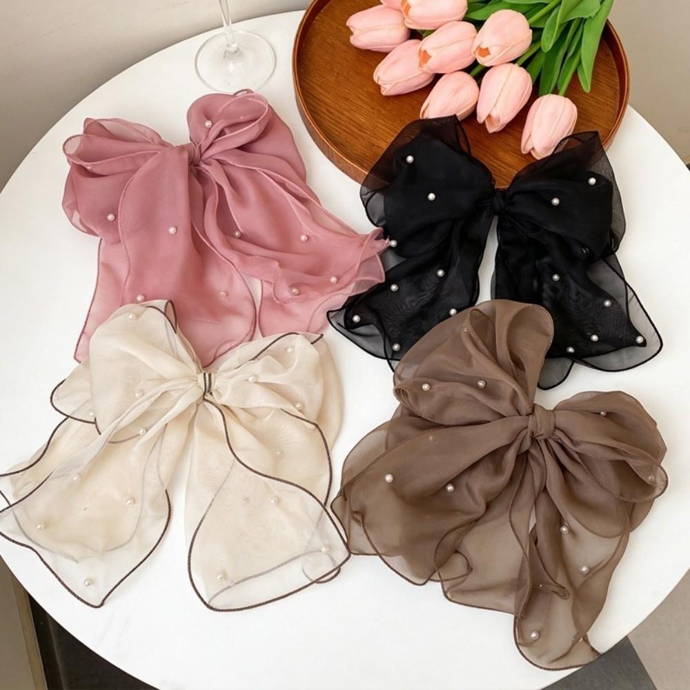 Pearl Decor Bow Hair Clip Sweet Ponytail Holder Fairy Style Sheer Organza Spring Clip Party