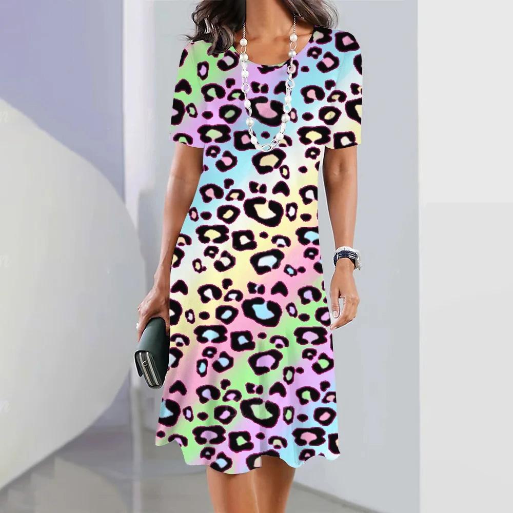 Женское платье Свободная юбка А-силуэта с круглым вырезом Пляжная юбка с короткими рукавами Женская одежда Сексуальное платье с леопардовым принтом в горошек