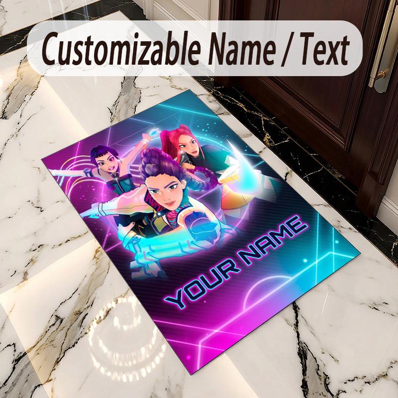 Crystal Velvet Rug Kpop Demon Hunters Print Custom Name Text Floor Mat Home Decor