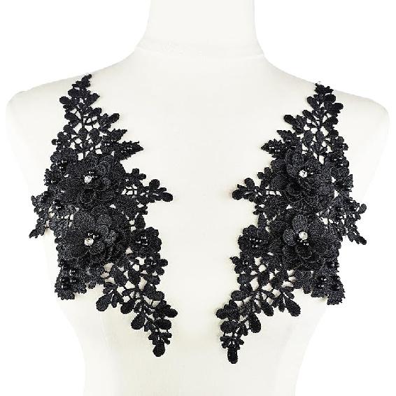 1 пара кружевных аппликаций с цветами, расшитых бисером и стразами, пришивные вышитые нашивки, аппликации для декора свадебного платья, DIY шитье, рукоделие, украшение, черные 9,2 x