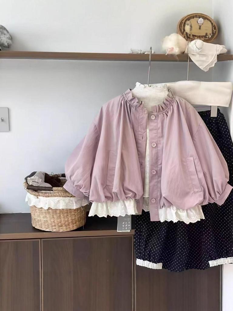 Девичье корейское пальто-бутон с рукавами-фонариками - 2025 Весенне-осенняя детская мода, короткий плащ в стиле мори