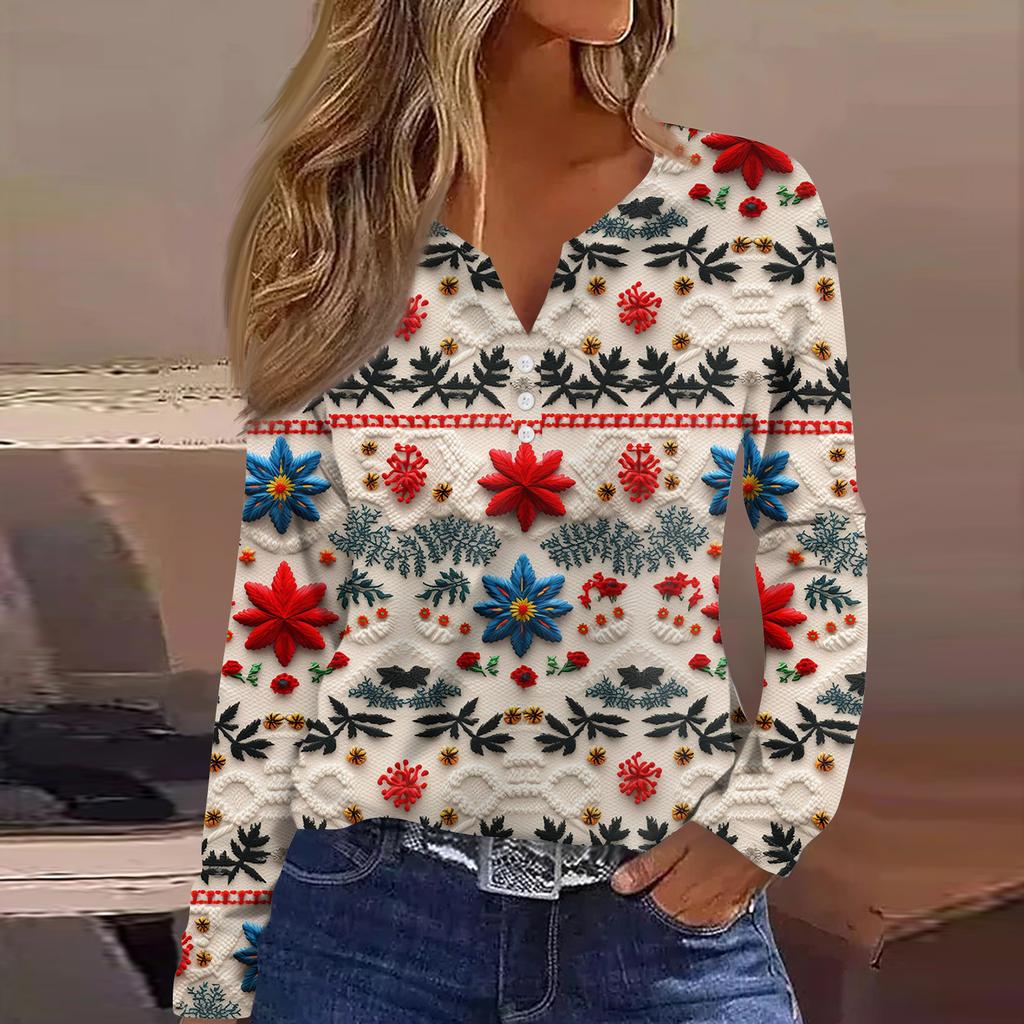 Женская модная повседневная футболка с V-образным вырезом, на пуговицах, с длинным рукавом, с рождественским принтом
