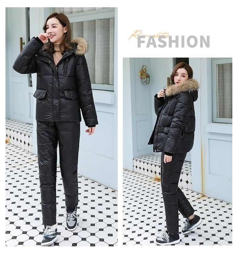 Женское зимнее короткое глянцевое ветрозащитное водонепроницаемое пальто с капюшоном, костюм из двух предметов, куртка-пуховик, парки с хлопковой подкладкой, теплая верхняя одежда