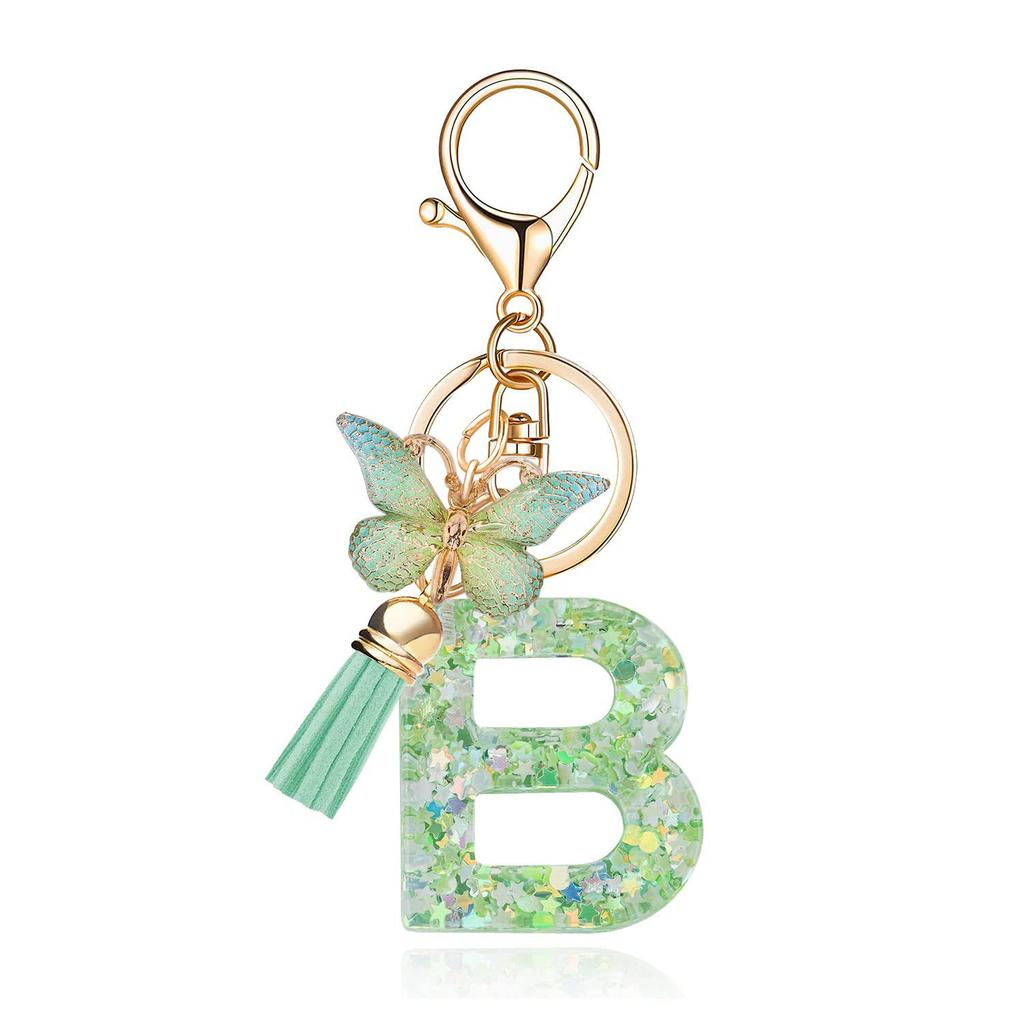A-Z Dreamy Letters Keychain for Women Tassels Butterfly Pendant Initial Keyrings Purse Suspension Bags Car Key Chain Pink