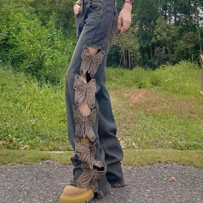 Винтажные модные джинсы с высокой талией, вышитые рваные, свободные, с бабочками, широкие, для женщин
