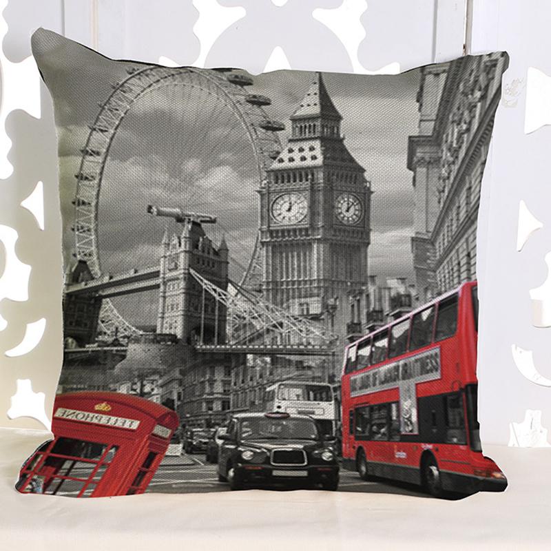 Vintage Uk London Phone Booth Throw Pillow Case Sofa Decorative Cotton Linen Big Ben Art British Fashion Cushion Cover