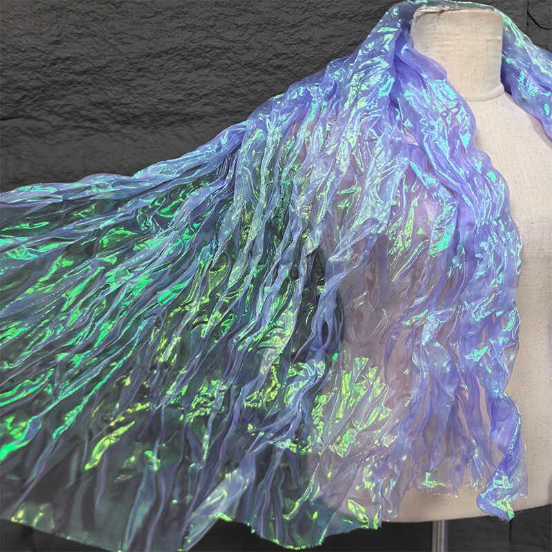 Laser Cut Organza Fabric Gradient Color Mermaid Texture for Wedding Dress Costume DIY Sewing Craft Material Wrinkle Wave Design