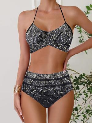 Женский купальник бикини с высокой талией, купальник с принтом, двухкомпонентный купальник халтер на шнуровке, купальник для купания, летняя мода, женская пляжная одежда