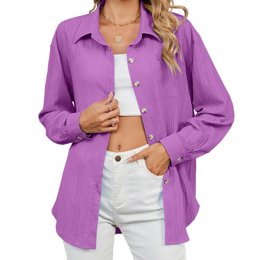 2024 Autumn/Winter New Solid Color Collar Button Pocket Loose Long Sleeve Shirt For Women