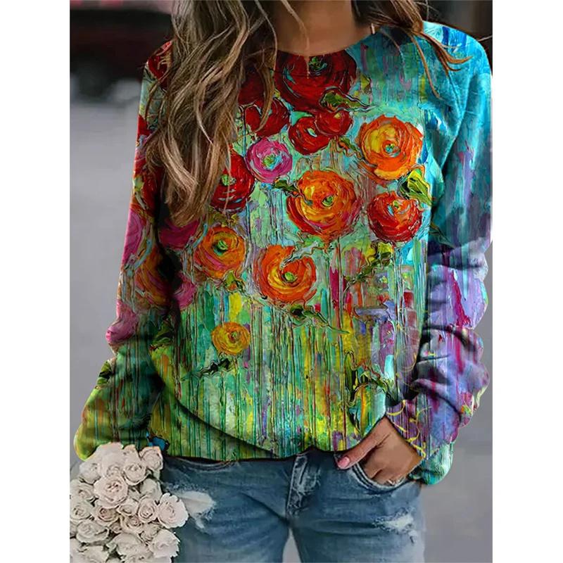 Harajuku 3D Birds Print Colorful Long Sleeve T Shirt Pullovers Women Fashion Streetwear Tops Spring Girls Floral Graphic Clothes