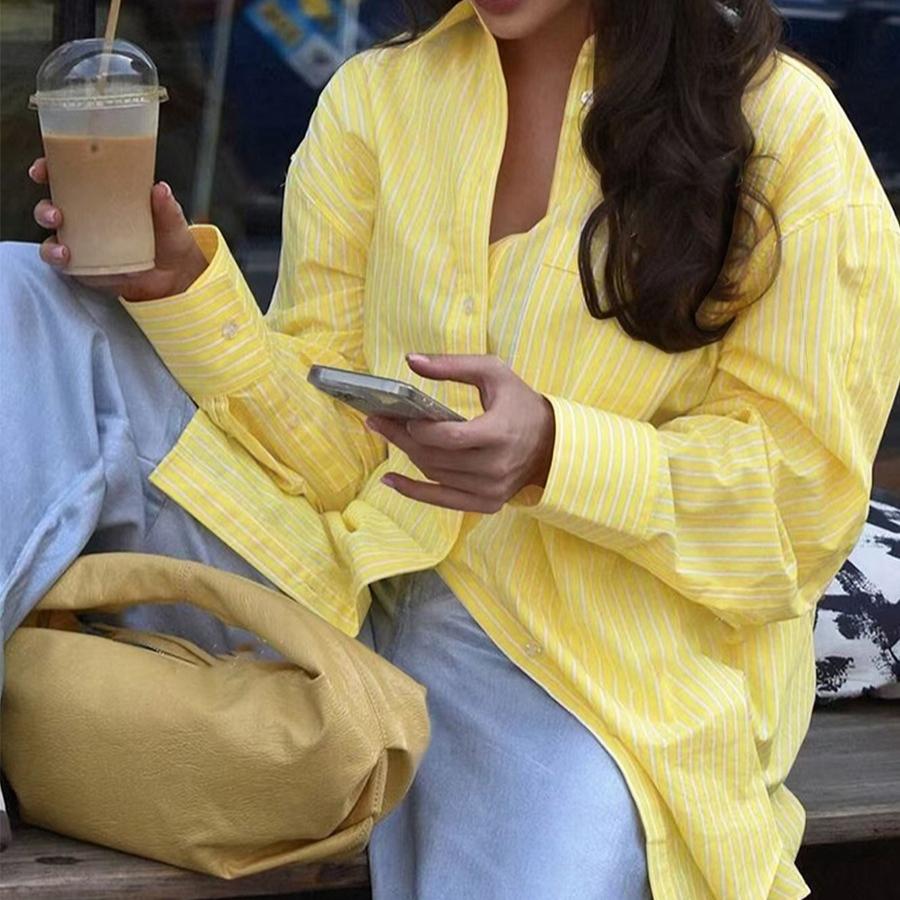 Женская повседневная рубашка весна Осень Воротник-поло желтая полоска пуговица Длинный рукав Блузка harajuku женский оверсайз Кардиган Рубашки