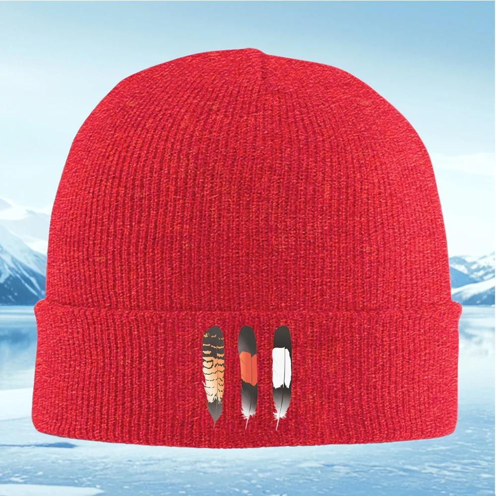 Feathers black orange white stripes Unisex Women Unisex Knitted Hat Beanie Pullover Cap Winter Thermal Warm Christmas Outdoor