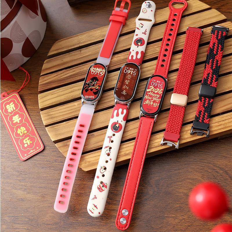 Новогодний Красный 2026: Совместимый магнитный силиконовый кожаный металлический ремешок для Xiaomi Smart Band 10/9/8.