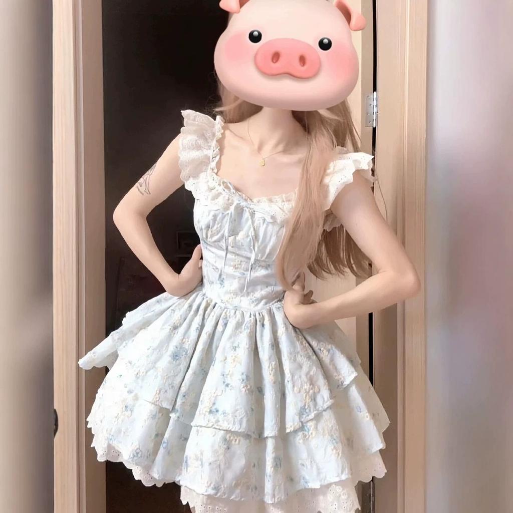 (Original Jacquard) Sweet and cute little flying sleeve dress, summer daughter feeling, waist and thin princess style tutu