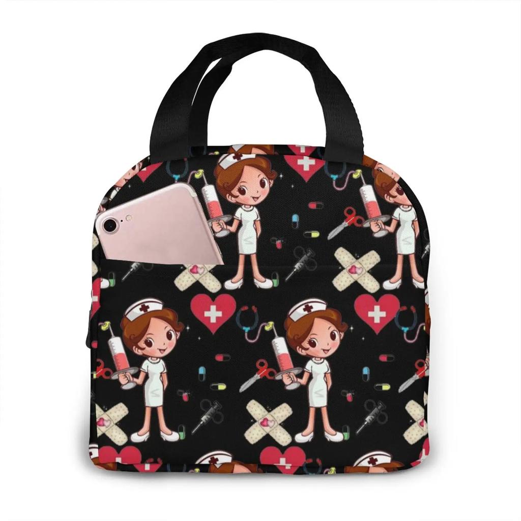 Travel Nurse Bag Insulated Lunch Bags Women Cartoon Nurse Print Food Case Cooler Warm Bento Box for Kids Lunch Box Picnic Bag