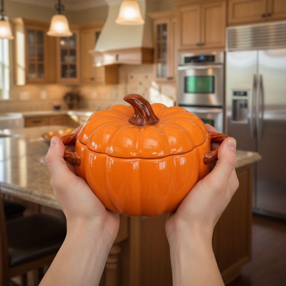 with Lid Halloween Pumpkin Bowl Ceramic Dessert Bowl Creative Pumpkin Casserole  Noodle