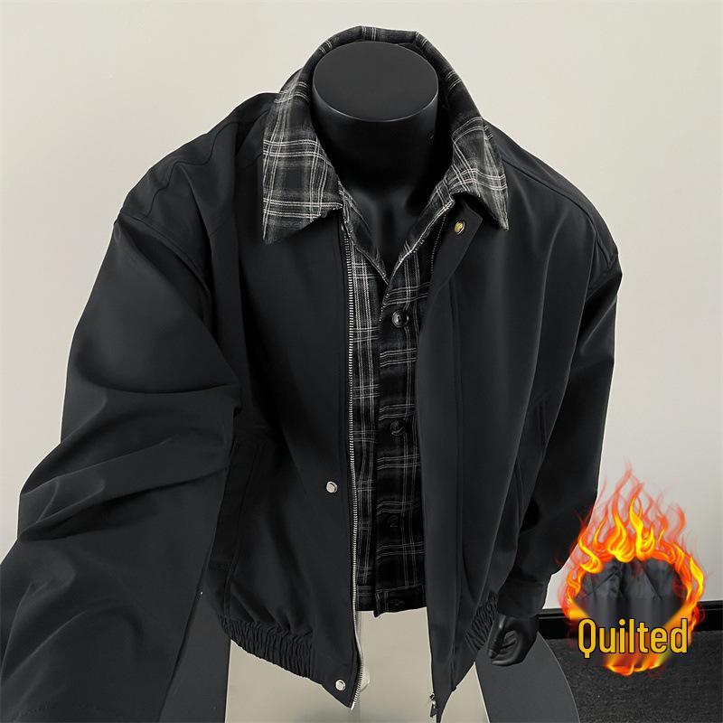 American Streetwear Trendy Patchwork Color Block Couple Autumn Padded Lapel Jacket