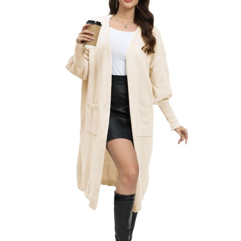 Women's Sweater Cardigan Long Loose Jacket Double Pocket Lantern Sleeve Sweater Cardigan