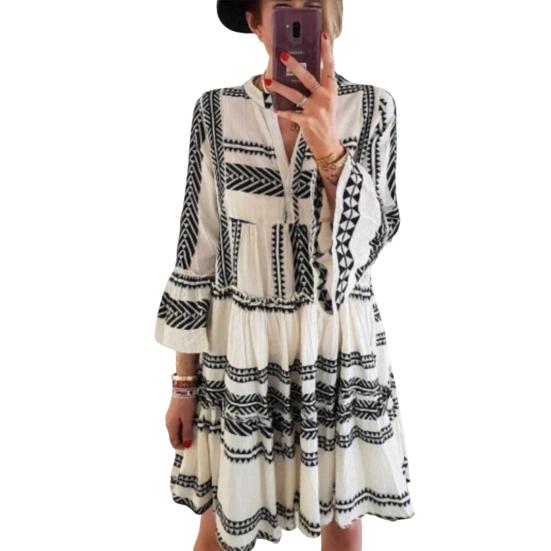Women's Summer Pleated Short Dress Ruffled 3/4 Sleeve V Neck Button Up Mini Dress Boho Loose Flowy Beach Sundress