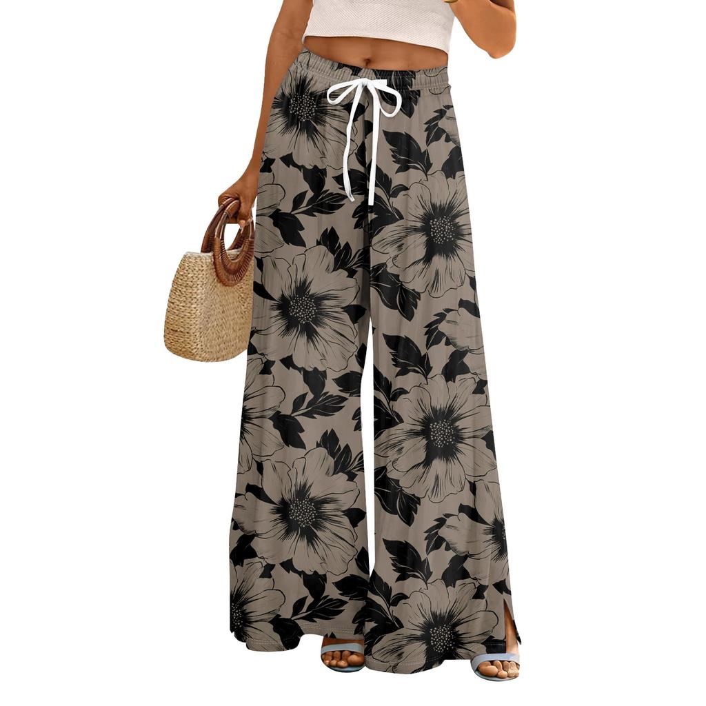 Women's Loose Casual Floral Print Wide Leg Pants With Elastic Waist Drawstring And Pocket Pants