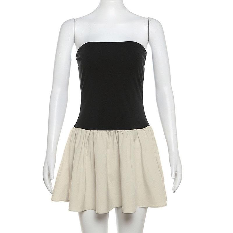 Slim Off Shoulder Mini Dress For Women Folds Splice Bodycon High Waist Dresses Female Summer Sleeveless Beach Sexy Dating Elegant Vacation Dress Woman