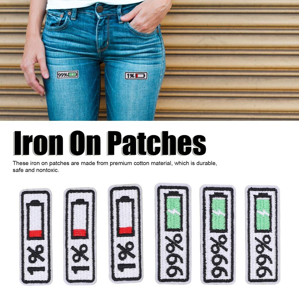 6Pcs Polyester Iron On Patches Battery Level Indicator Applique Patches Sew On Patches For Jacket