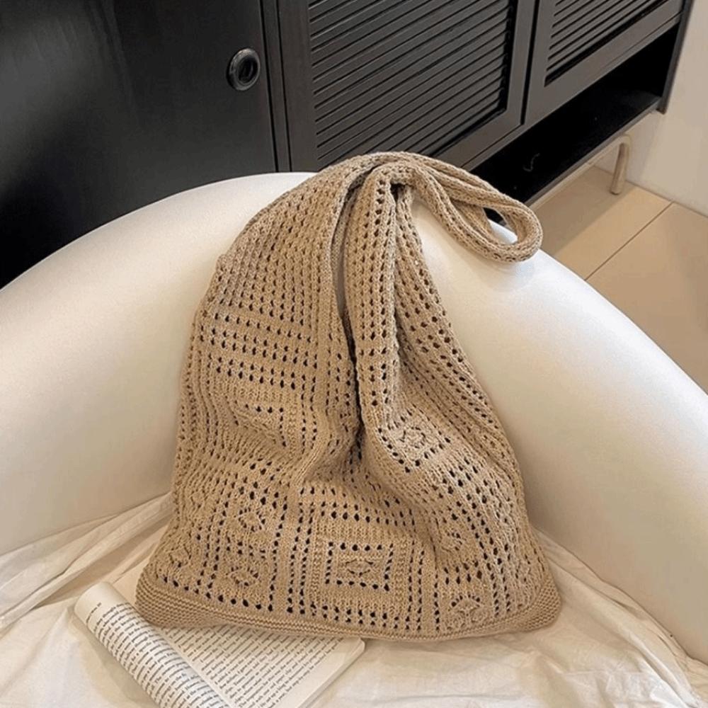 Woven Crochet Mesh Bag Solid Color Shopping Handbag Simple Knitting Shoulder Bag Summer