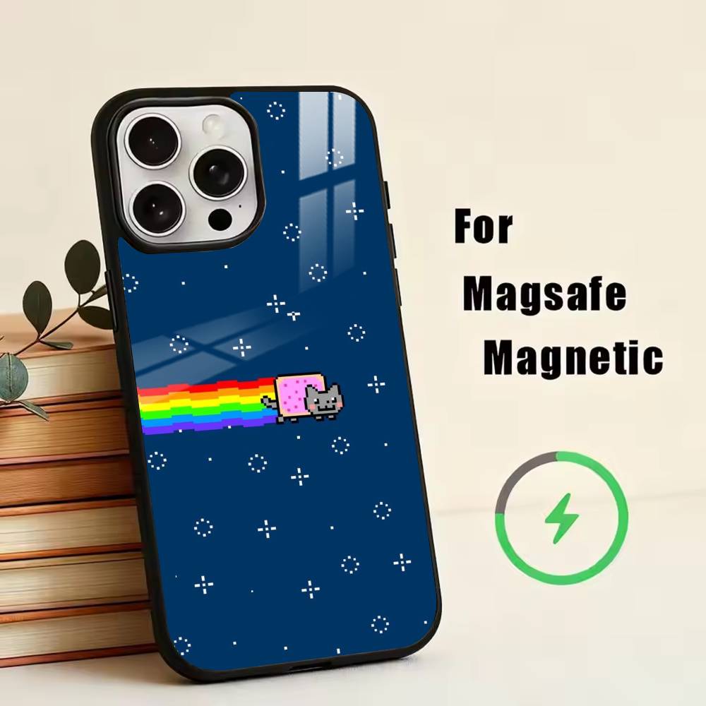 Милый N-Нян К-Кот Чехол для телефона для iPhone17,16,15,14,13,12,11 Plus,Pro Магнитный с беспроводной зарядкой Magsafe