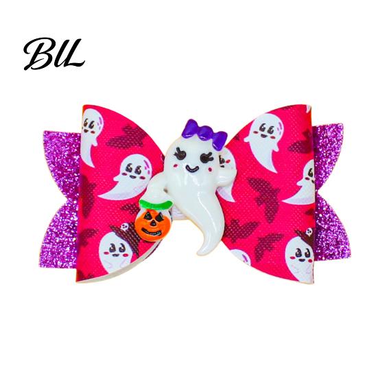 Glitter Bow Hair Accessories Halloween Clips for Kids Baby Girls, Double Layer Artificial Leather Ghost/Pumpkin/Eyeball Bowtie Pins Decorations