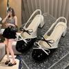 Fashion New Fashion Sandals Mid-heel Square Shoes Children Bun Head Double Bow Chunky Heel Mary Jane Single Shoe Tide