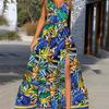 Summer new European and American women's clothing fashionable and sexy deep v suspender dress printed sleeveless split, long dress