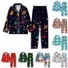 Child 2 Piece Christmas Day Printed Suit Long Sleeve Button Up Top Wide Leg Pants Suit Set Pajamas Home Casual Suit