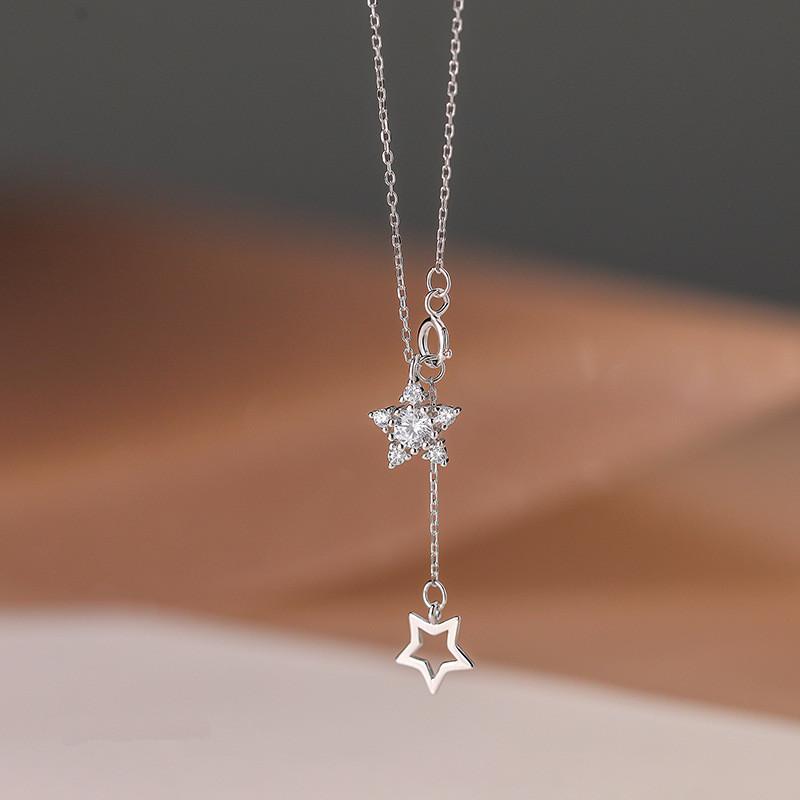 925 Sterling Silver 14k Gold Plated Zircon Necklace for Women Star Double Pendant Clavicle Chain Simple Temperament Jewelry