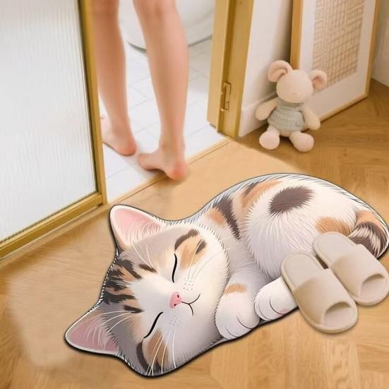 Floor Mat 3D Cartoon Cat Pattern Rug Non-Slip Backing Easy Maintenance Living Room Rug