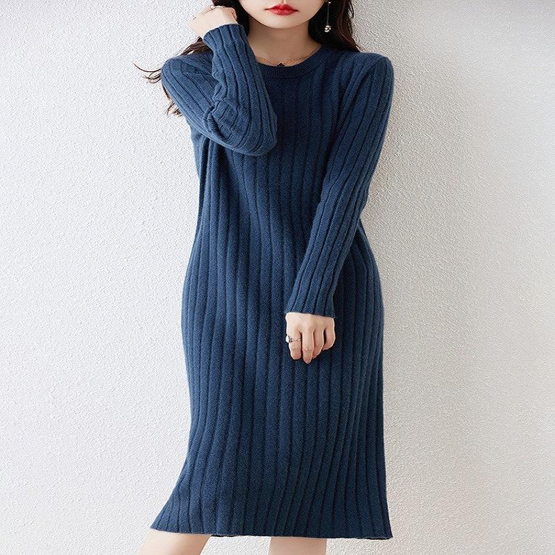 New Dress Women's Autumn and Winter Long Knee Sweater Skirt Slim Crew Neck Knitted Bottoming Skirt