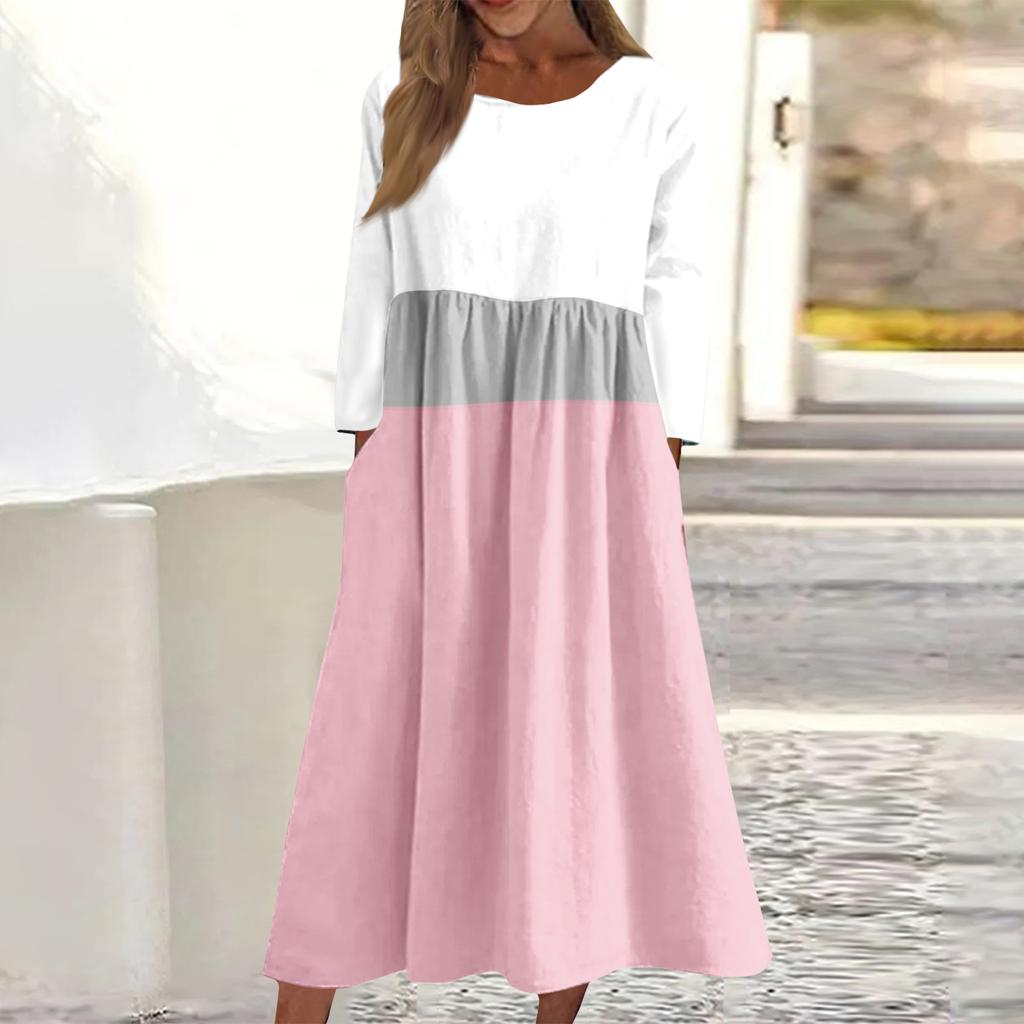 Женское повседневное миди-платье с круглым вырезом и полосатым принтом, с длинным рукавом и карманом