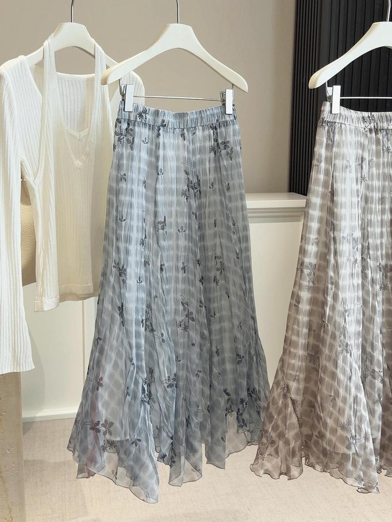 Женская летняя клетчатая шифоновая юбка с высокой талией и асимметричным подолом