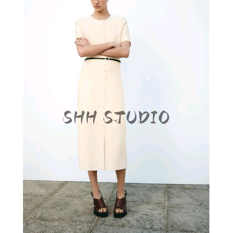 Spring and Summer New Women's Clothing Minimalist Style Decorated Row Button with Belt Short Sleeve Round Neck Midi Skirt Dress 9598058