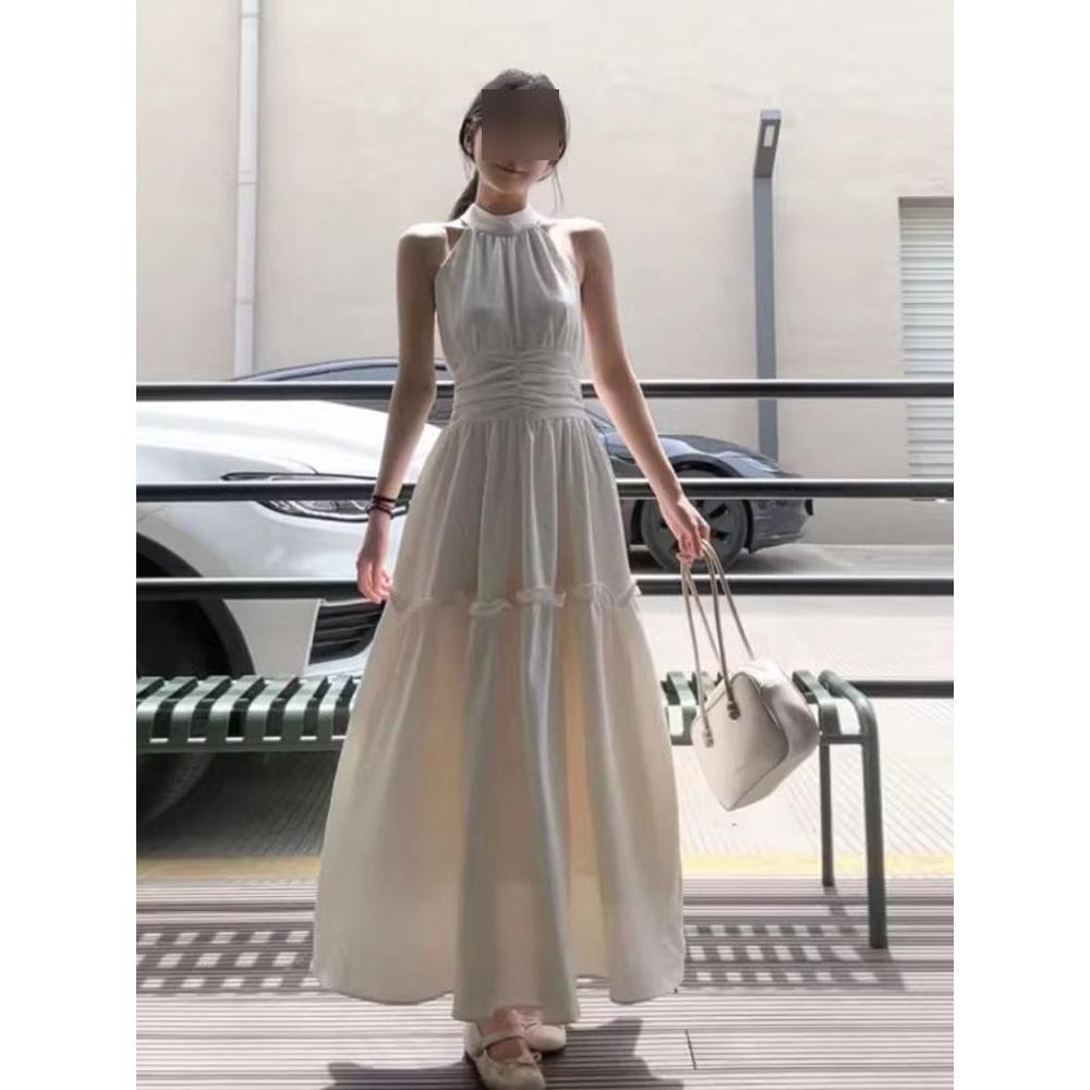 Детское летнее платье без рукавов на бретелях через шею, в новом стиле для морского отдыха, с завышенной талией, тонкое, с французским темпераментом, длинное